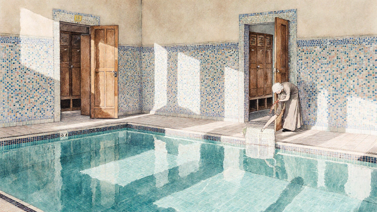 Sunlit restored 1920s swimming pool with mosaic tiles and vintage changing rooms at Clapham Baths.