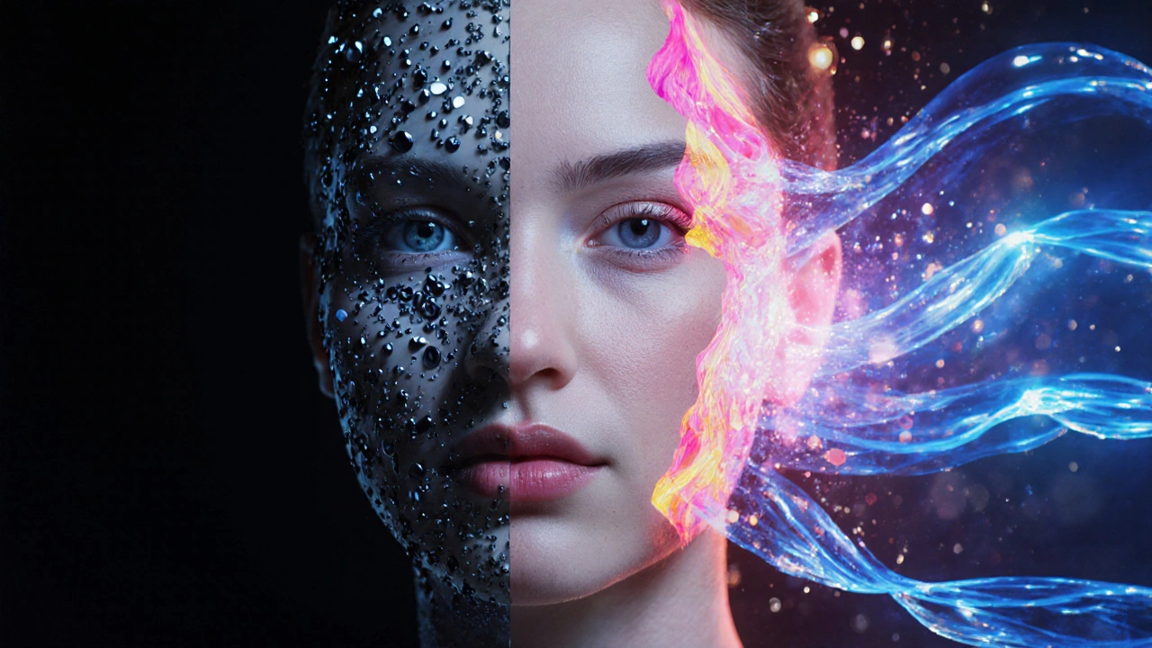 Surreal representation of three facial treatments converging into radiant skin with glowing light and texture transitions.