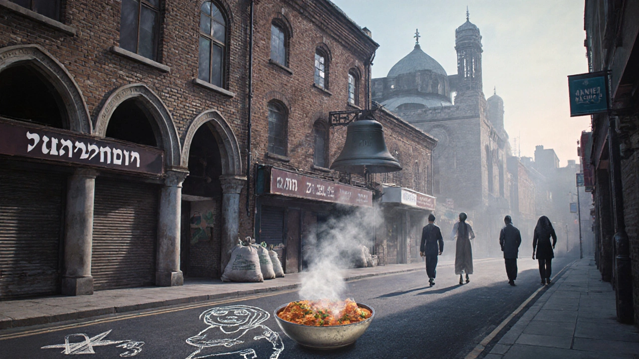 Surreal street scene blending Jewish, Bengali, and Victorian heritage with modern art and migration stories.