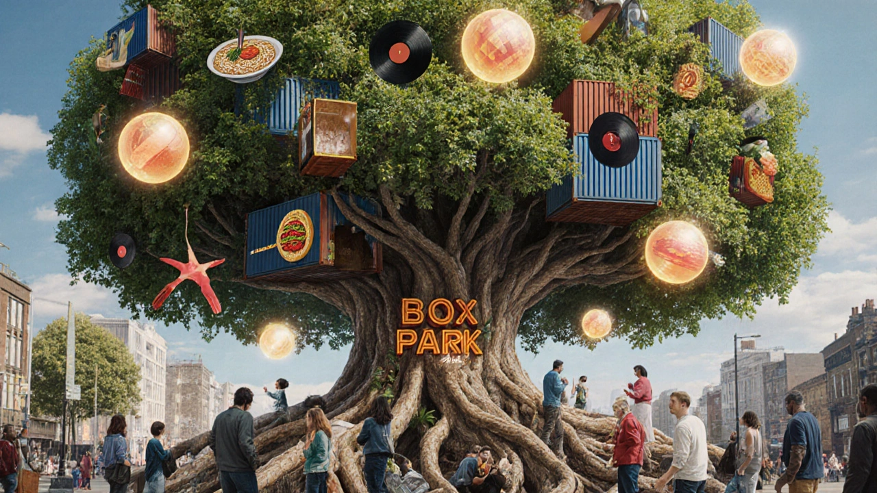 Symbolic tree made of shipping containers bearing food and event icons, surrounded by people connecting in a surreal urban landscape.