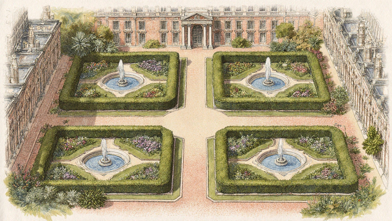 Symmetrical Privy Garden at Hampton Court with topiary, fountains, and layered historical planting styles.