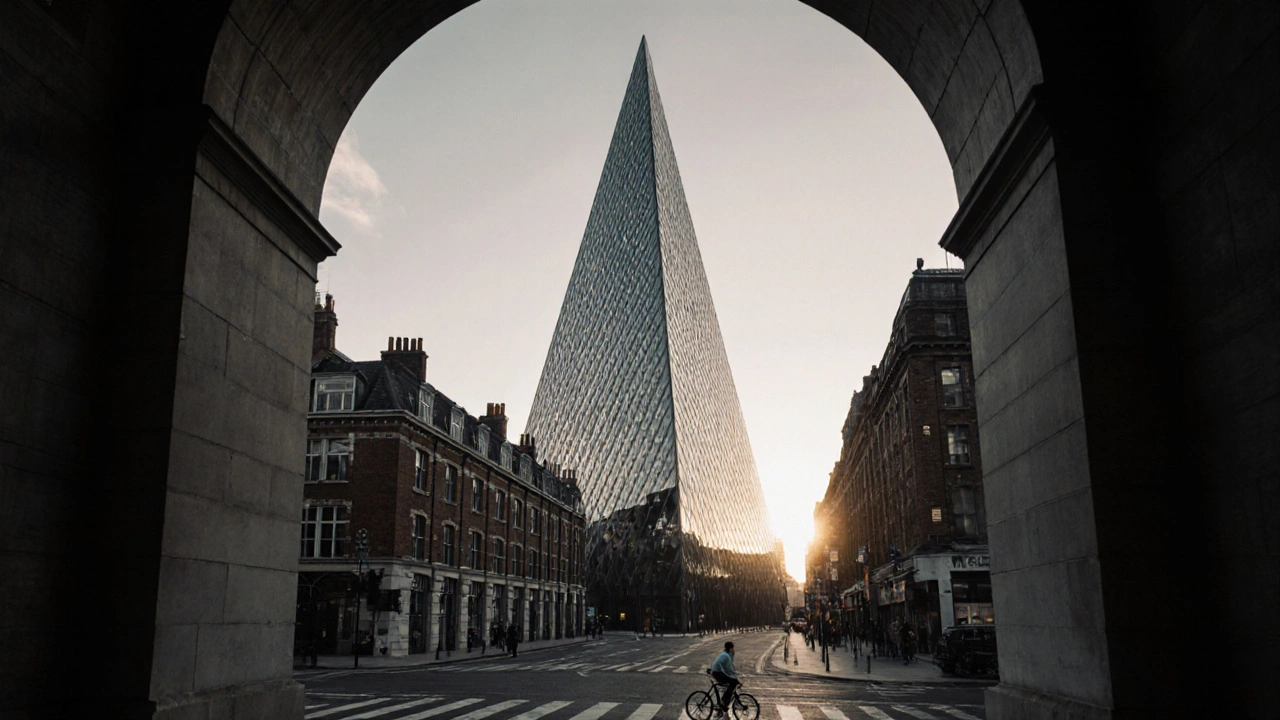 The Cheesegrater skyscraper casting long shadows against historic brick buildings at dawn.