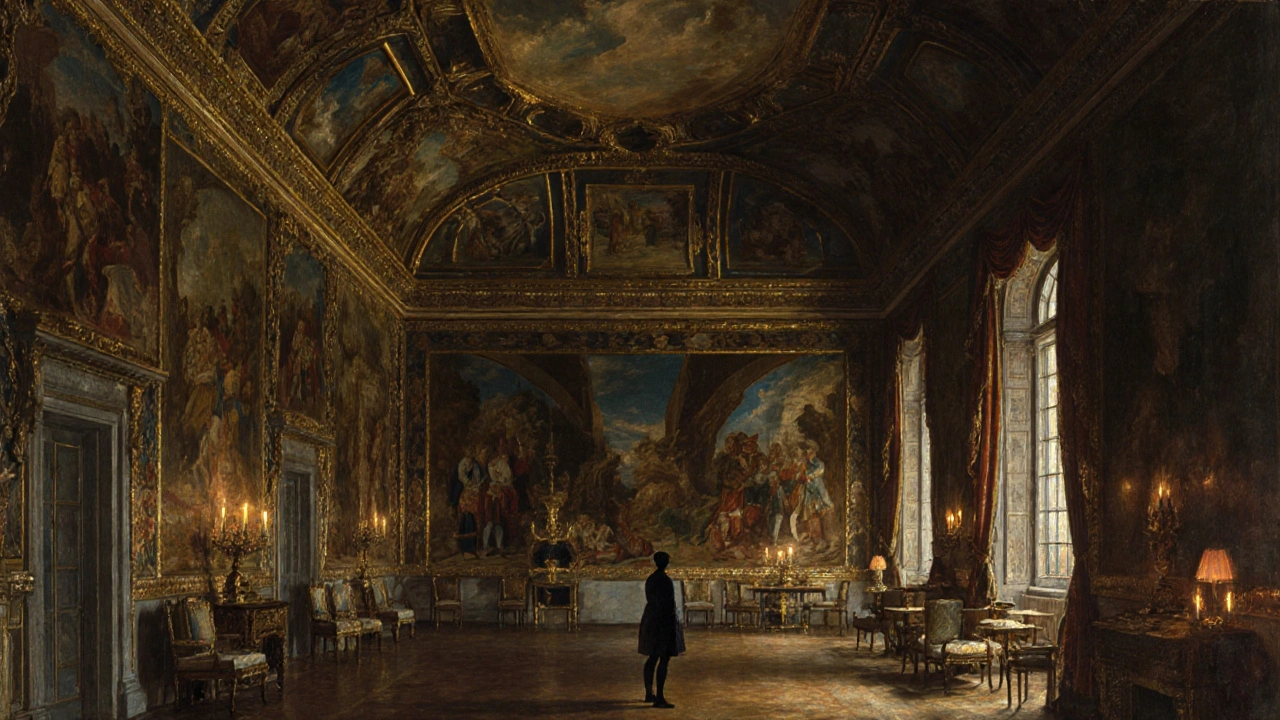 The opulent Saloon inside Blenheim Palace, with painted ceilings and gold tapestries, where a visitor stands in awe of Baroque grandeur.