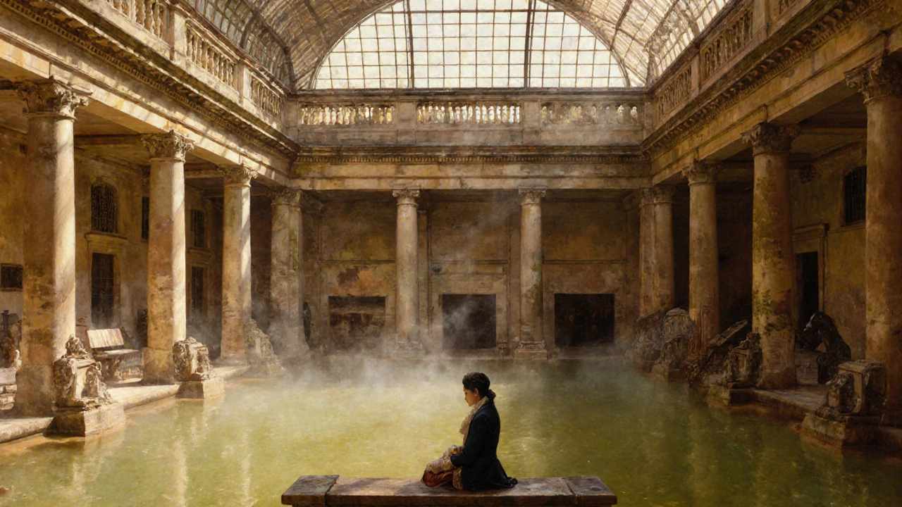 The Roman Baths glowing with golden light and steam, empty and peaceful.