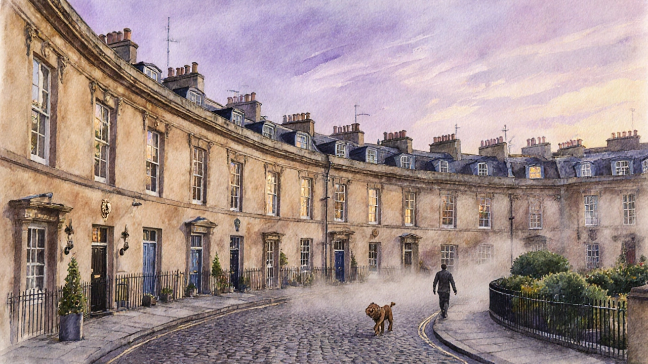 The Royal Crescent in Bath at dusk, Georgian houses with unique doors, quiet street.