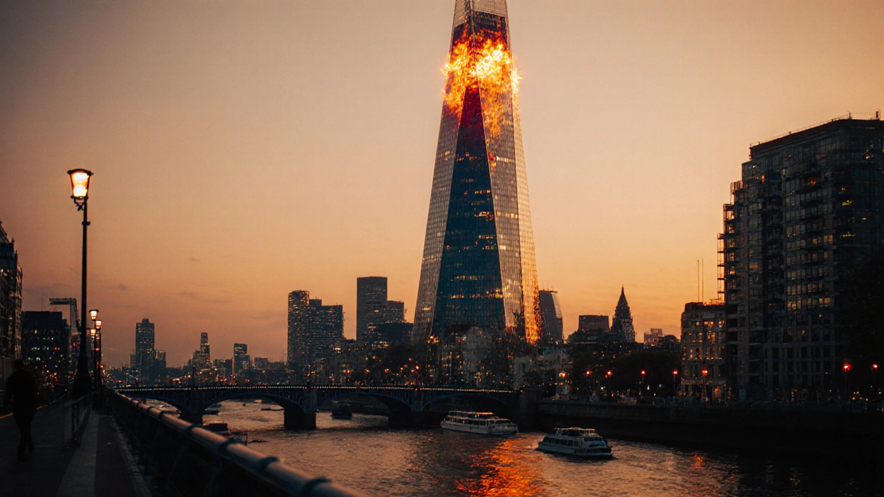 The Walkie Talkie building glowing with fiery sunset reflections over the River Thames.