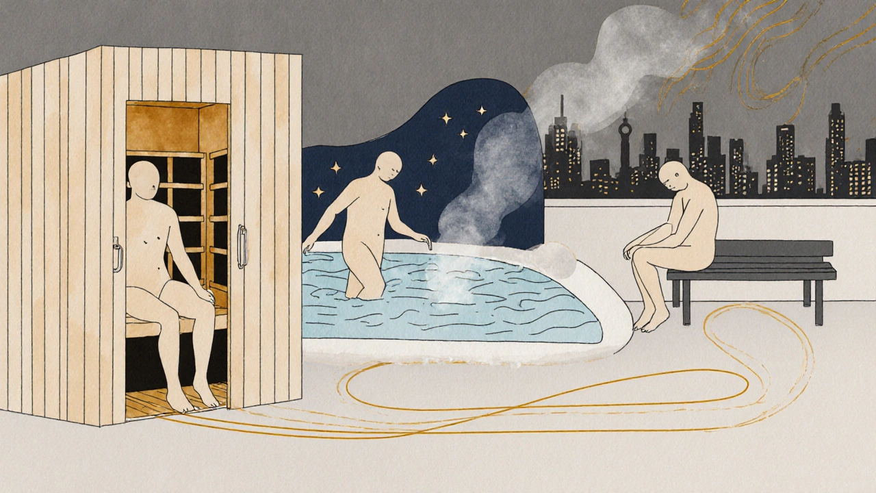 Three abstract figures representing sauna, cold plunge, and rest on a London rooftop, connected by steam and heat lines under starlight.