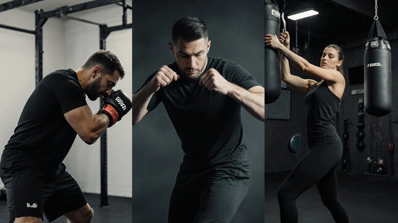 Three elite personal trainers in London: one demonstrating Muay Thai, another timing punches, and a third guiding a rope climb in minimalist studios.