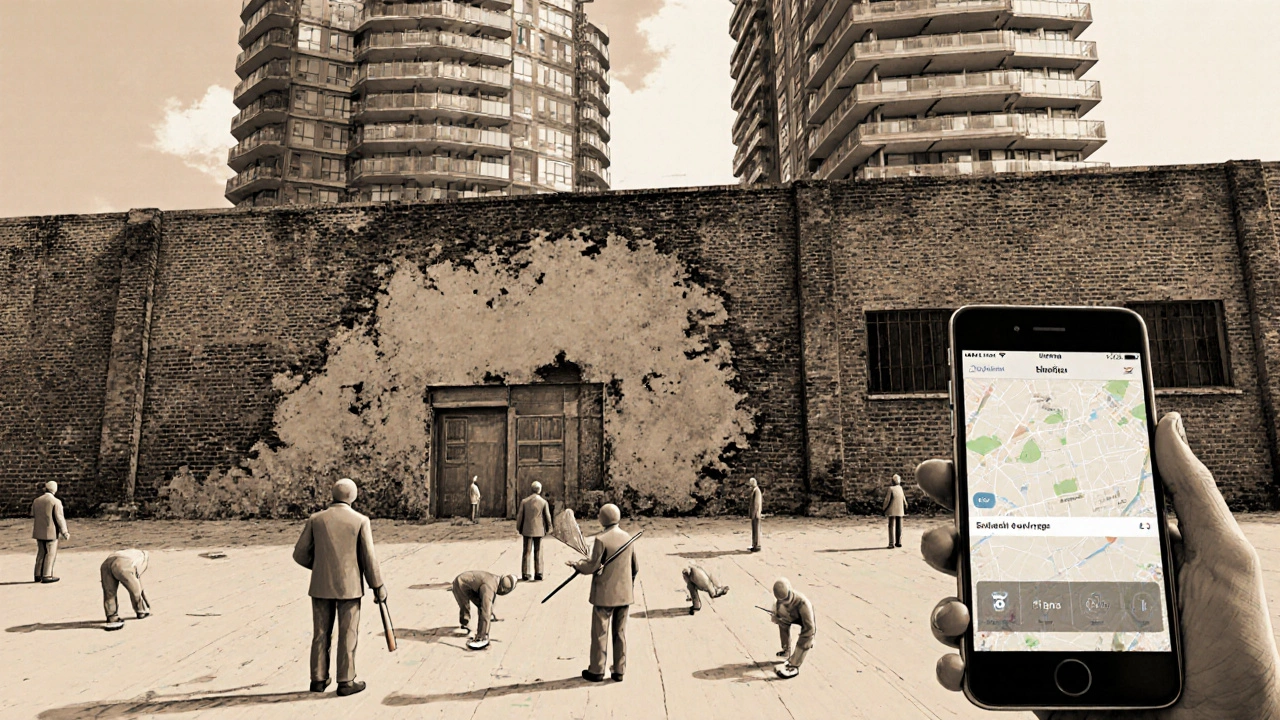 Tiny gray figures on a warehouse wall, overshadowed by modern high-rises, with a phone showing an AR app.