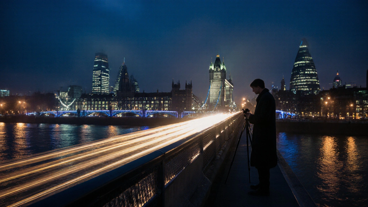 Tower Bridge at midnight with glowing traffic trails reflecting on the Thames under foggy skies.
