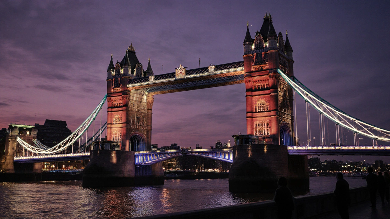 Tower Bridge lifting at dusk, with the Tower of London visible upstream and the river reflecting city lights.