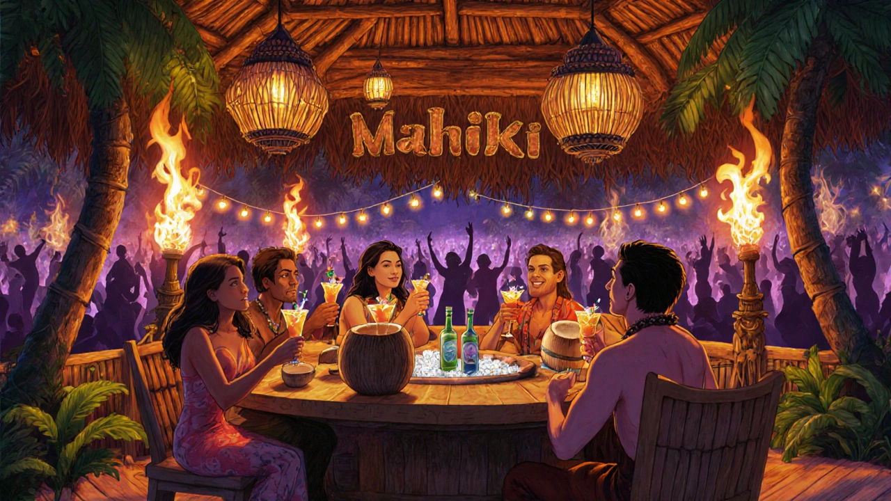 Tropical-themed VIP cabana with tiki torches, cocktails, and bottles under lantern light in a London nightclub.