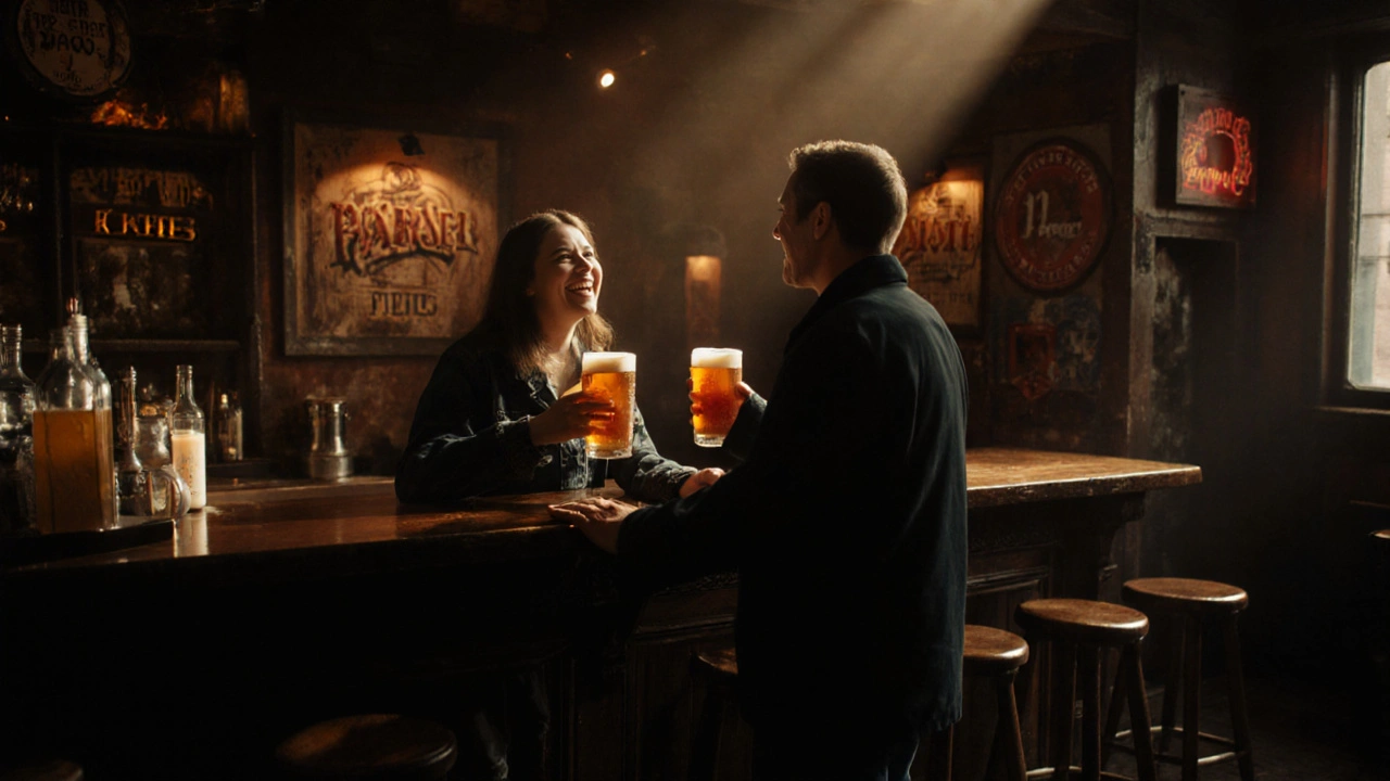 Two individuals laughing in a Manchester pub, pints in hand, subtle connection.
