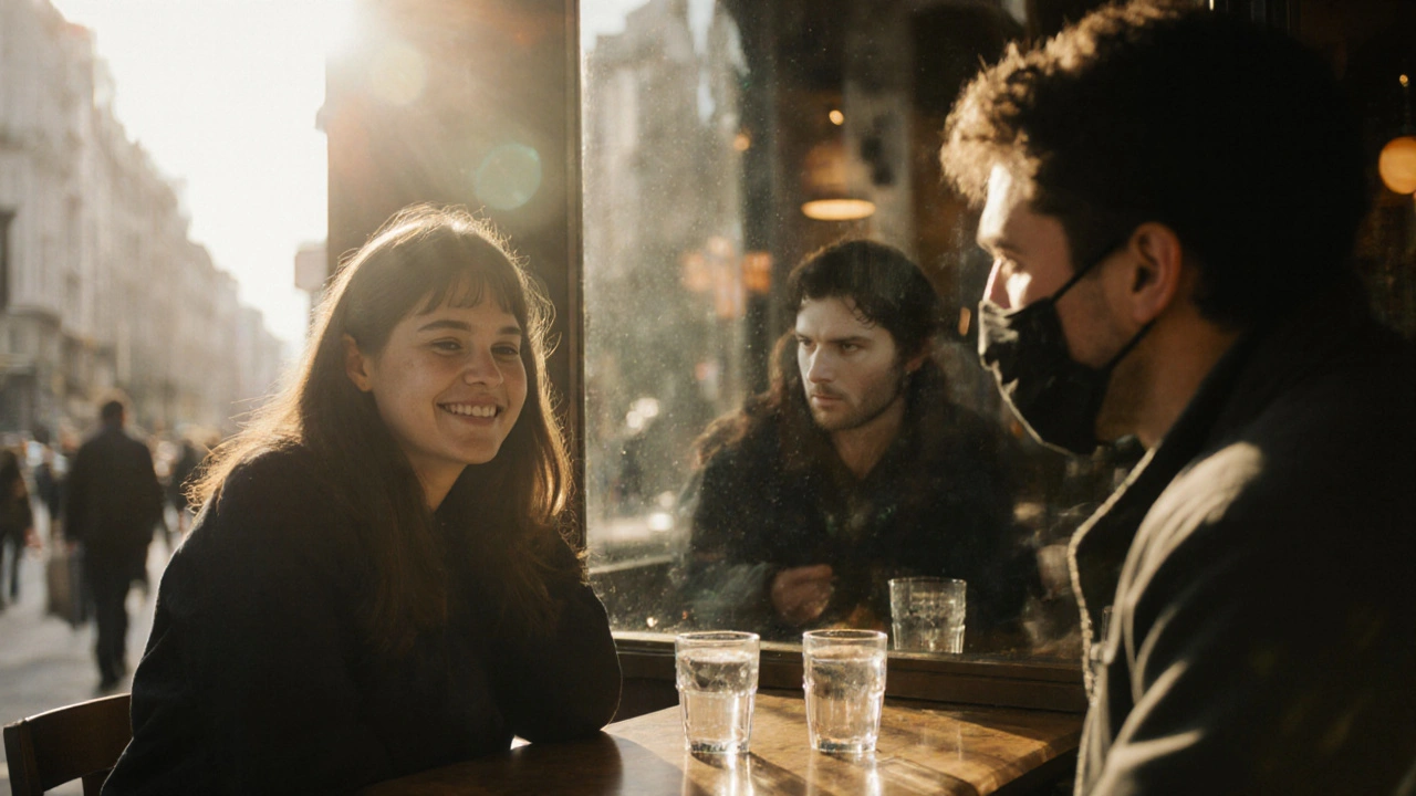 Two people at a London café, one’s reflection in the window shows a masked figure.