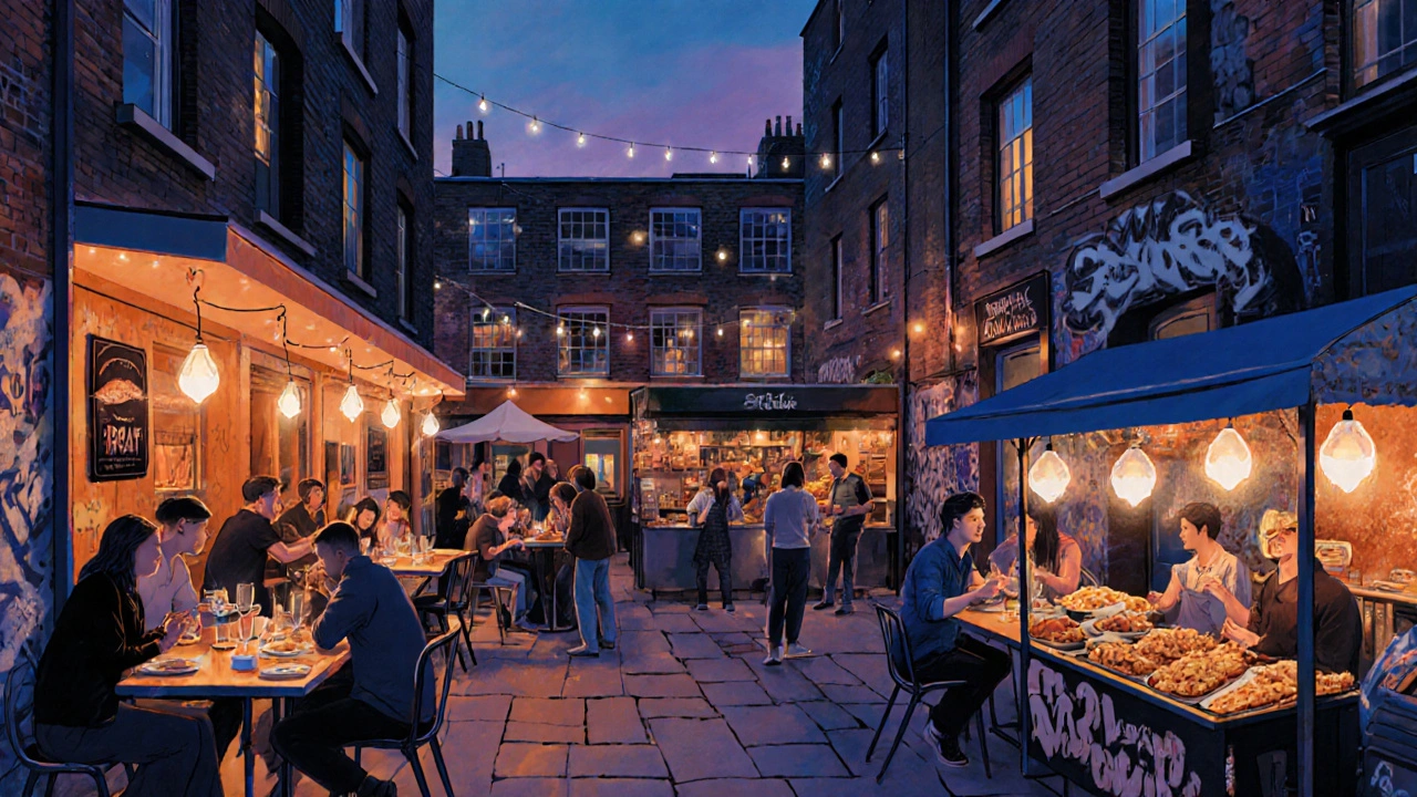 Vibrant Shoreditch food market at dusk with courtyard dining, grilled fish, and artisanal street food under string lights.
