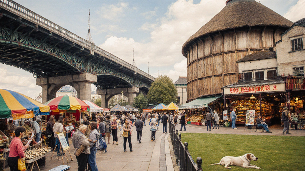Vibrant Southbank scene with street performers, food stalls, and Shakespeare’s Globe under historic railway arches.