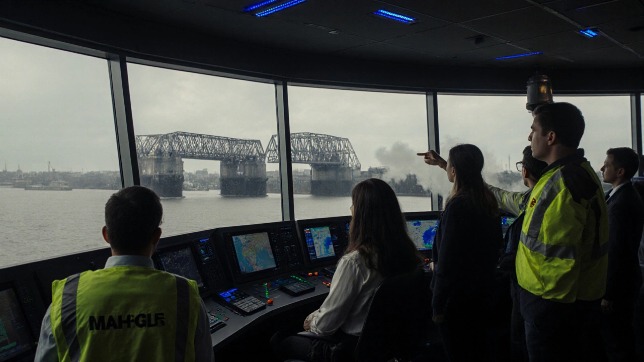 Visitors in awe inside the Thames Barrier control room, looking at massive flood gates beneath glass panels.