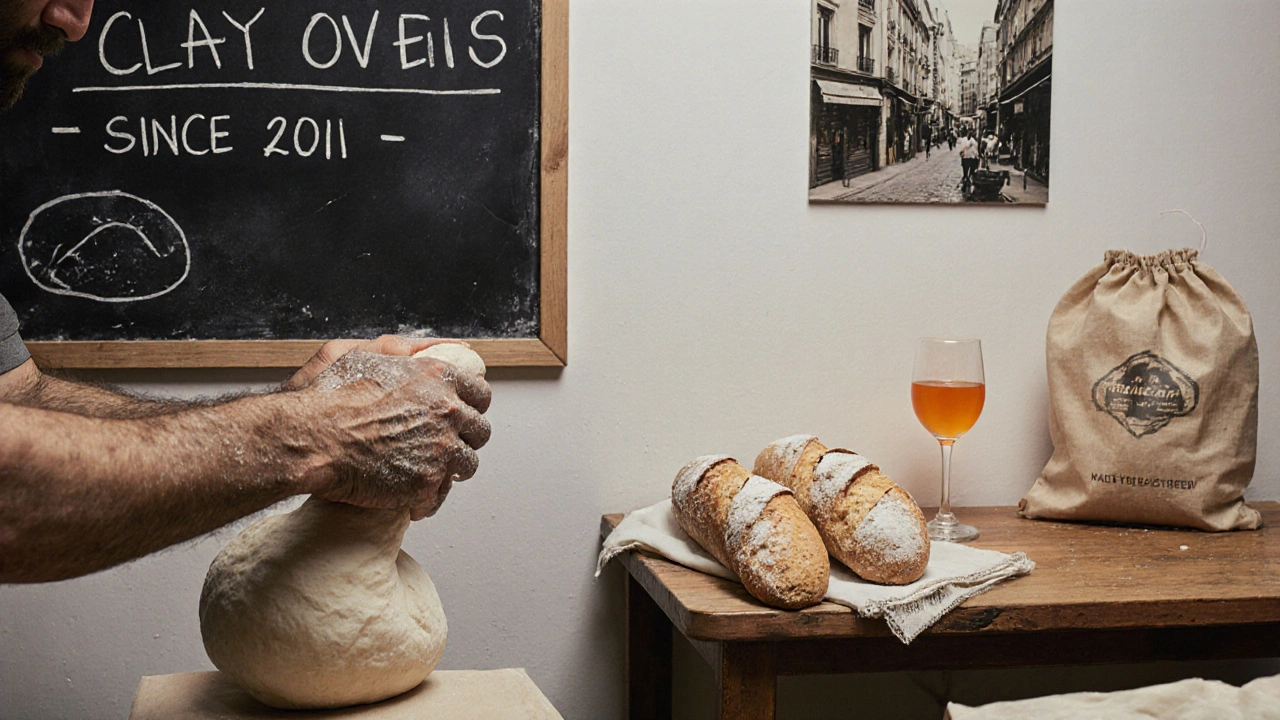 Weathered hands kneading sourdough beside a 2011 sign, with reusable bags and natural wine nearby.