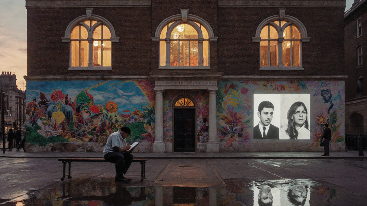 Whitechapel Gallery at dusk with murals on its wall and a man sketching in the courtyard.