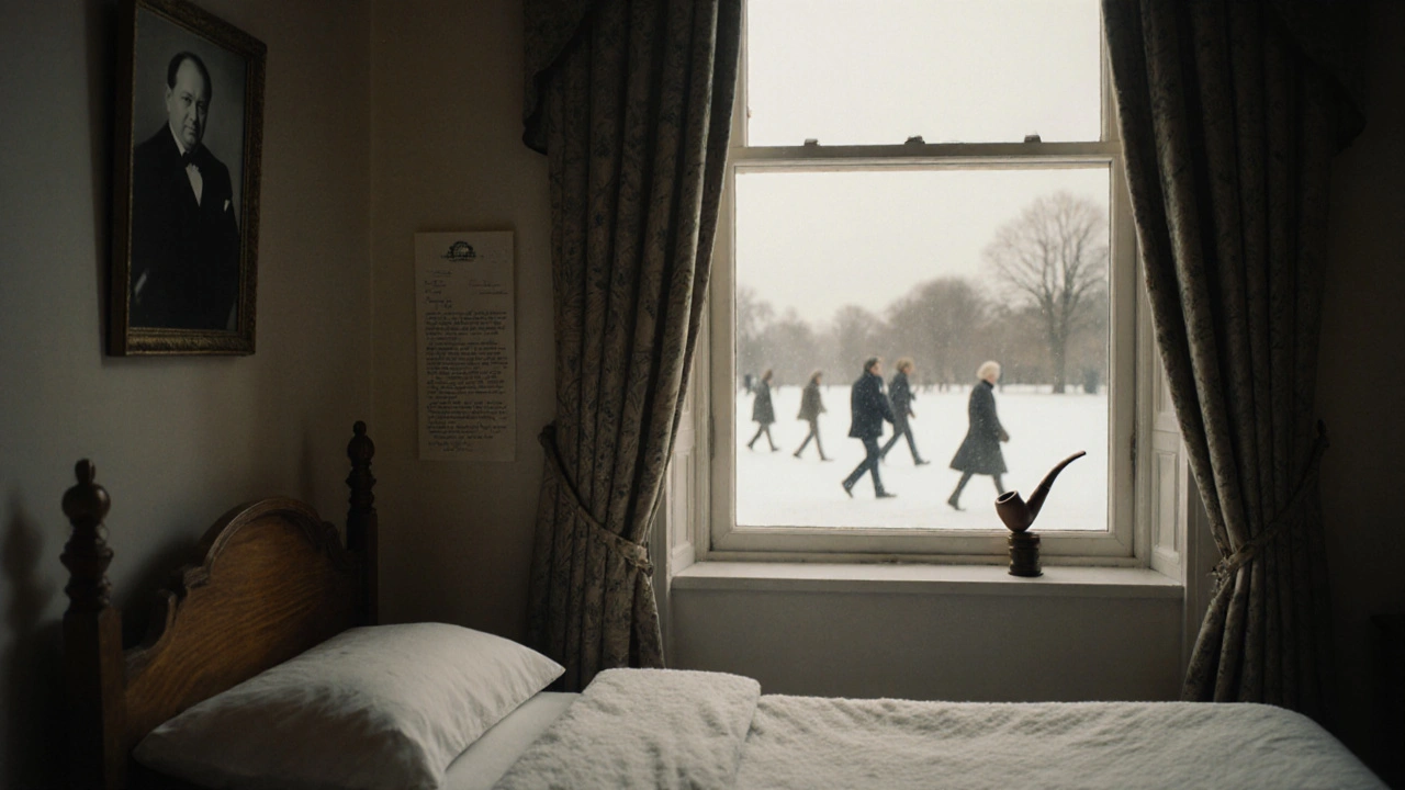 Winston Churchill’s modest birth room at Blenheim Palace, with a small bed and vintage artifacts, contrasted against the vast park outside.