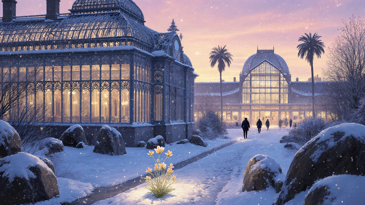 Winter at Kew Gardens: Christmas lights glow softly on snow-dusted paths beside the Temperate House.