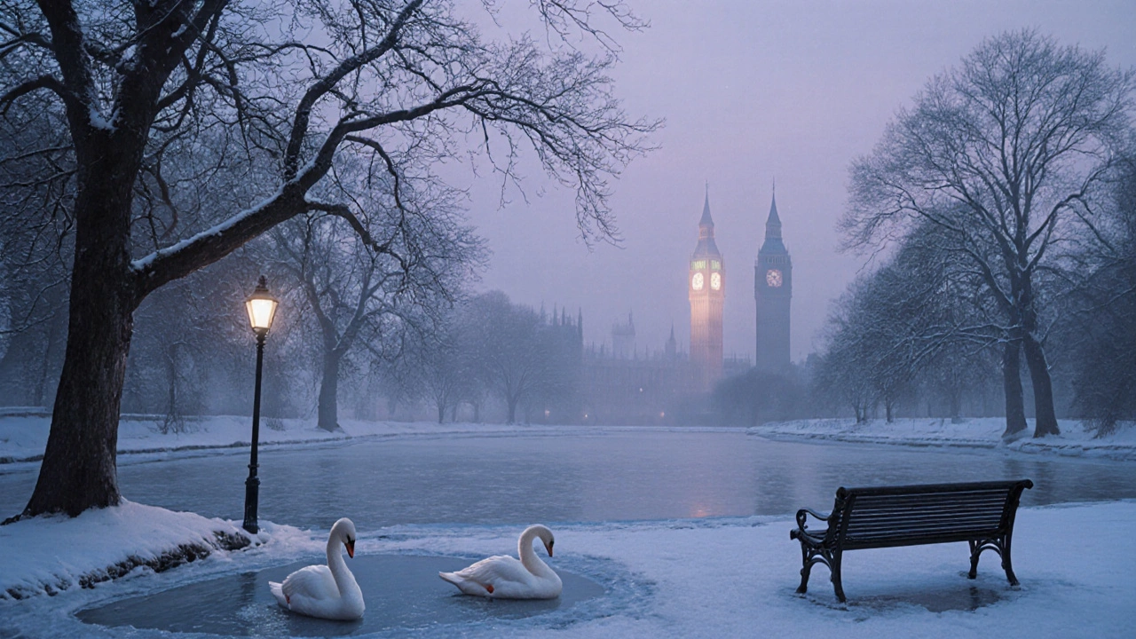 Winter twilight with swans resting on frozen lake edges under bare trees and distant tower lights.