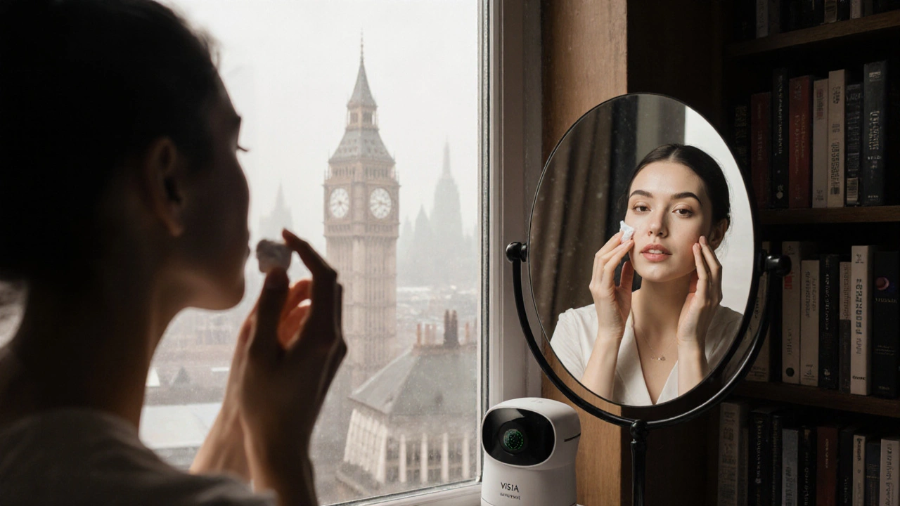 Woman applying moisturizer in a bathroom, with a VISIA skin scan reflecting improved texture on the mirror.