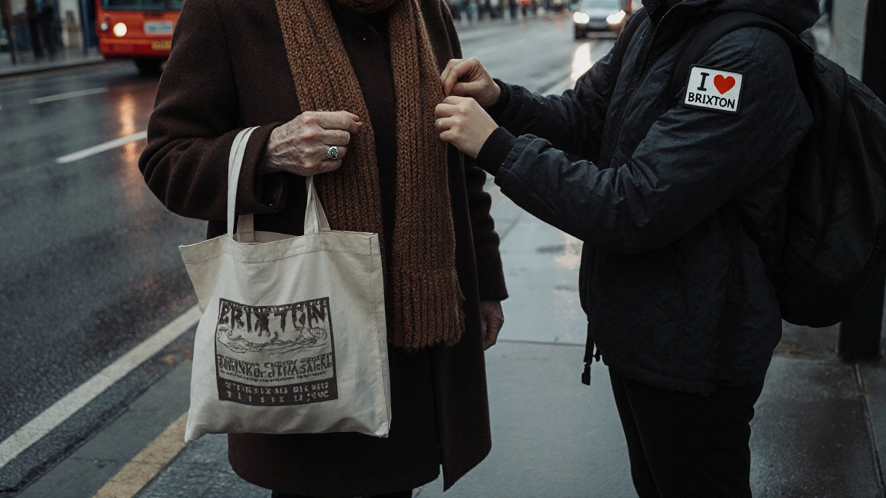 Woman in a 1990s wool coat and new walking shoes at a Brixton bus stop, holding a recycled tote and wearing a handmade scarf.