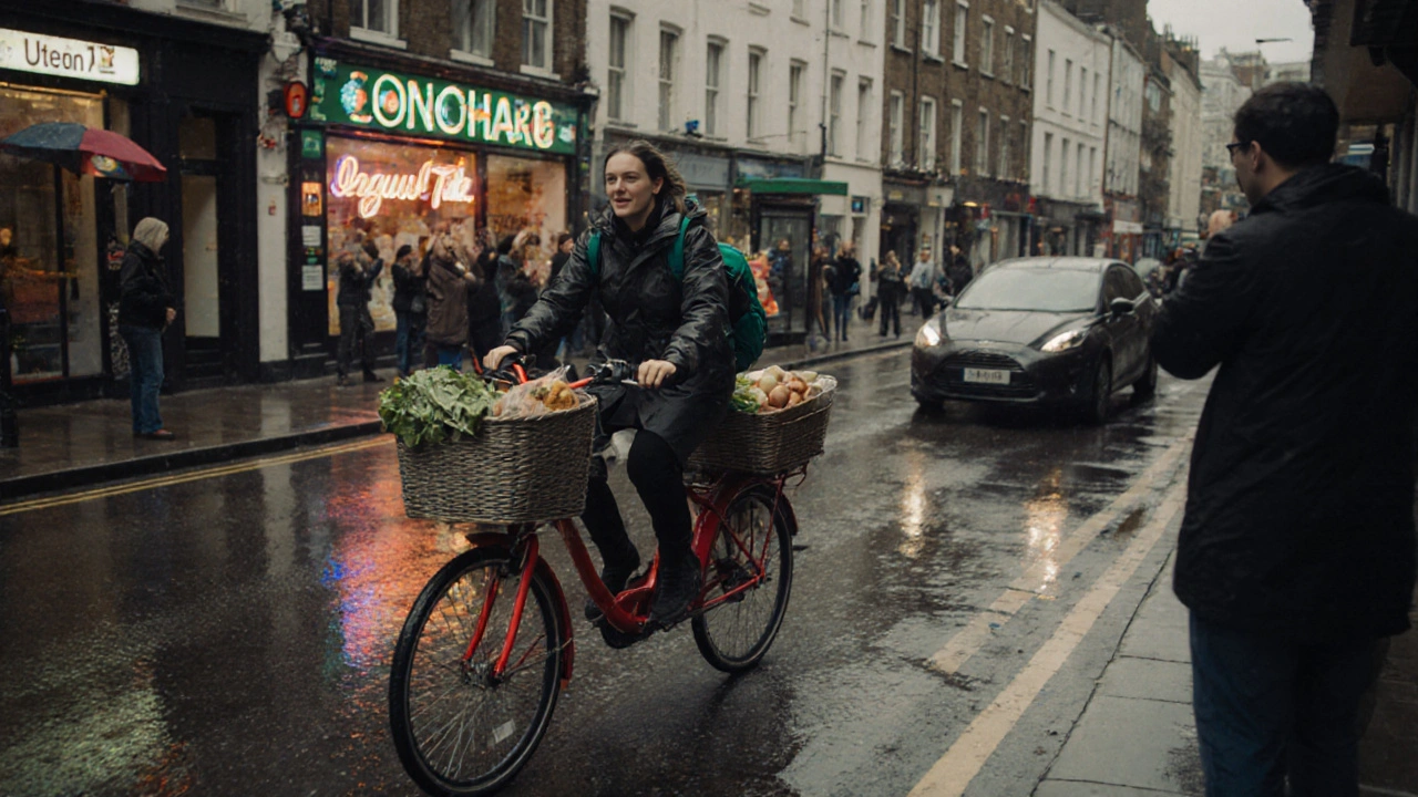 Woman riding a cargo bike through rainy London street with groceries and child’s backpack, no car in sight.