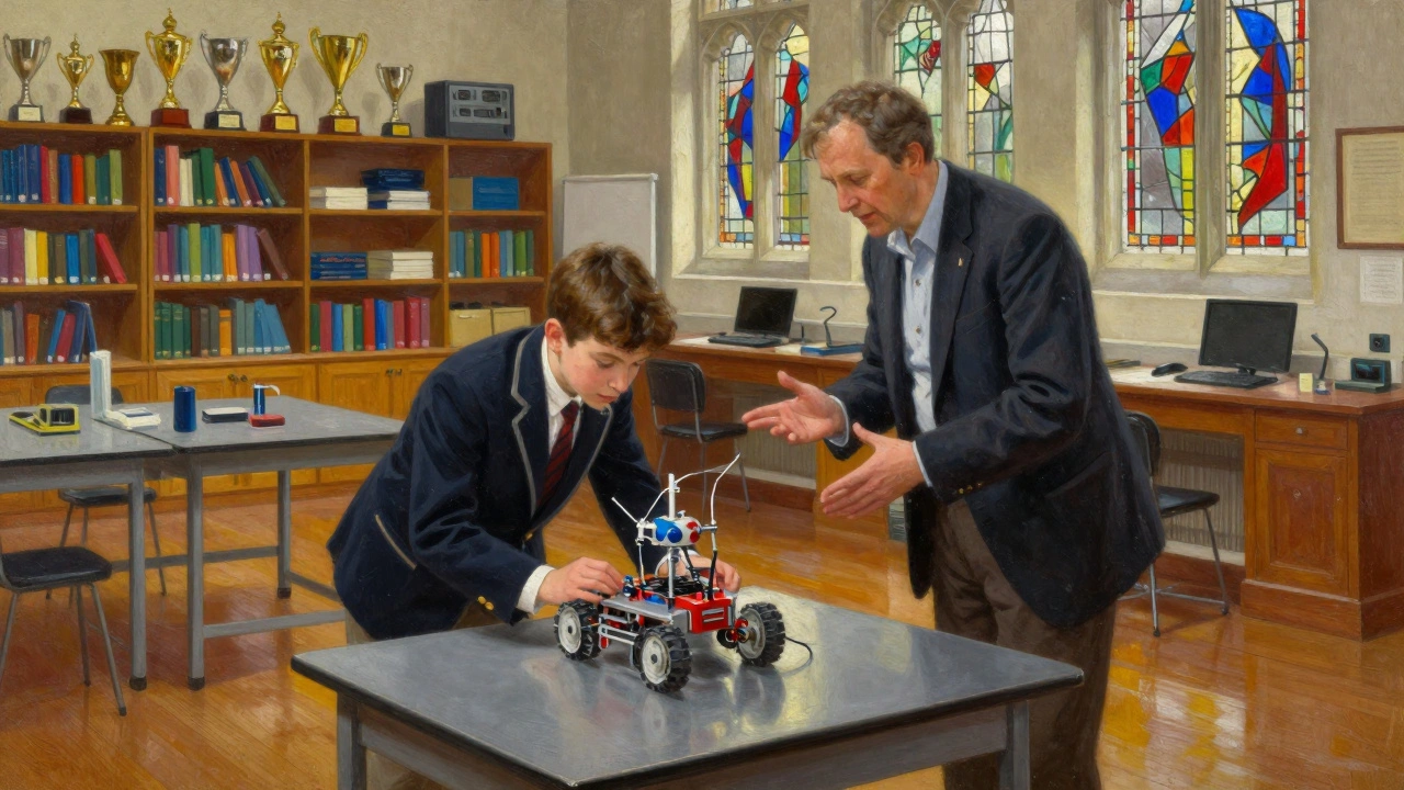 A child explores a robotics lab during a private school tour, surrounded by science equipment and warm light.