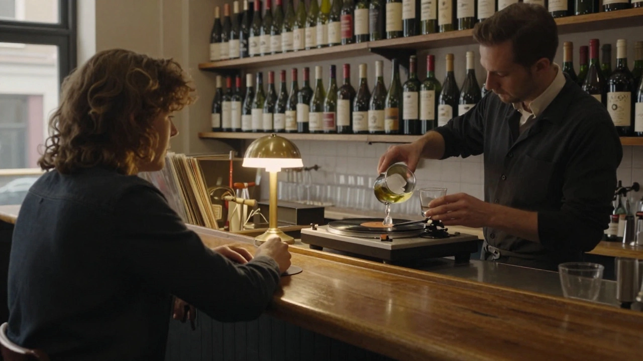 A couple at a historic wine bar listening to vinyl, with bottles lining the wall behind them.
