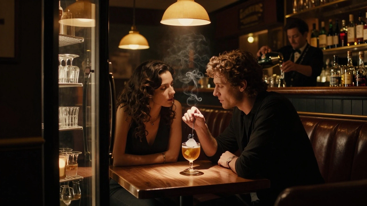 A couple in a hidden speakeasy sipping a smoky cocktail under warm amber lighting.