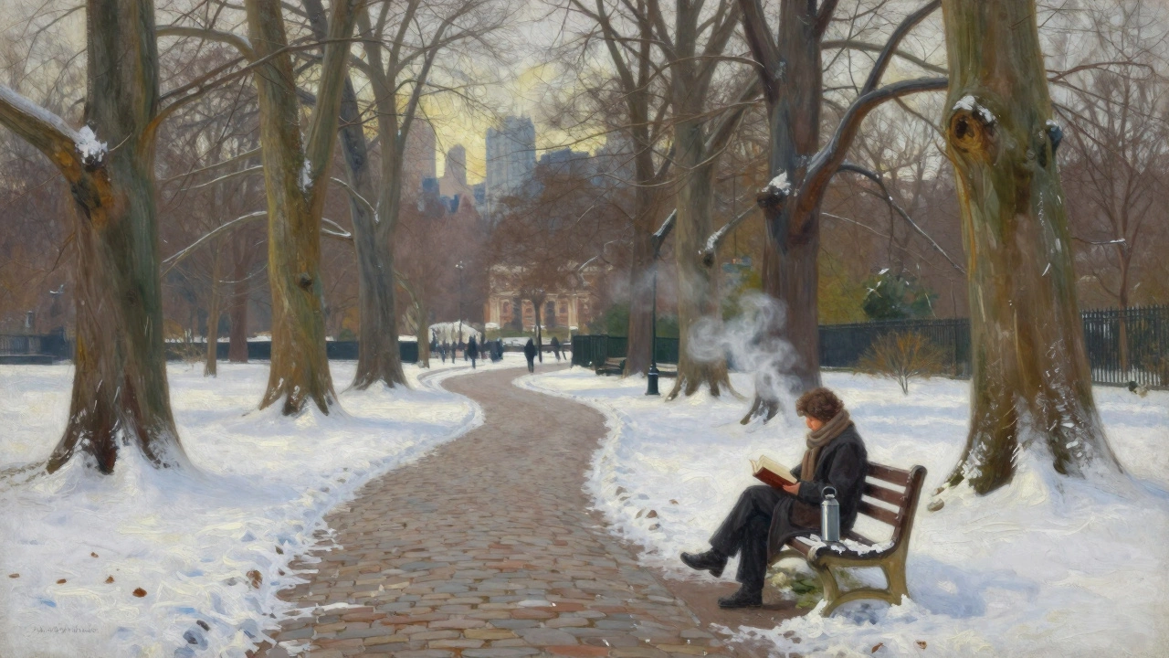 A cozy stone bench in Regent’s Park with a person reading beside a thermos, surrounded by winter trees.