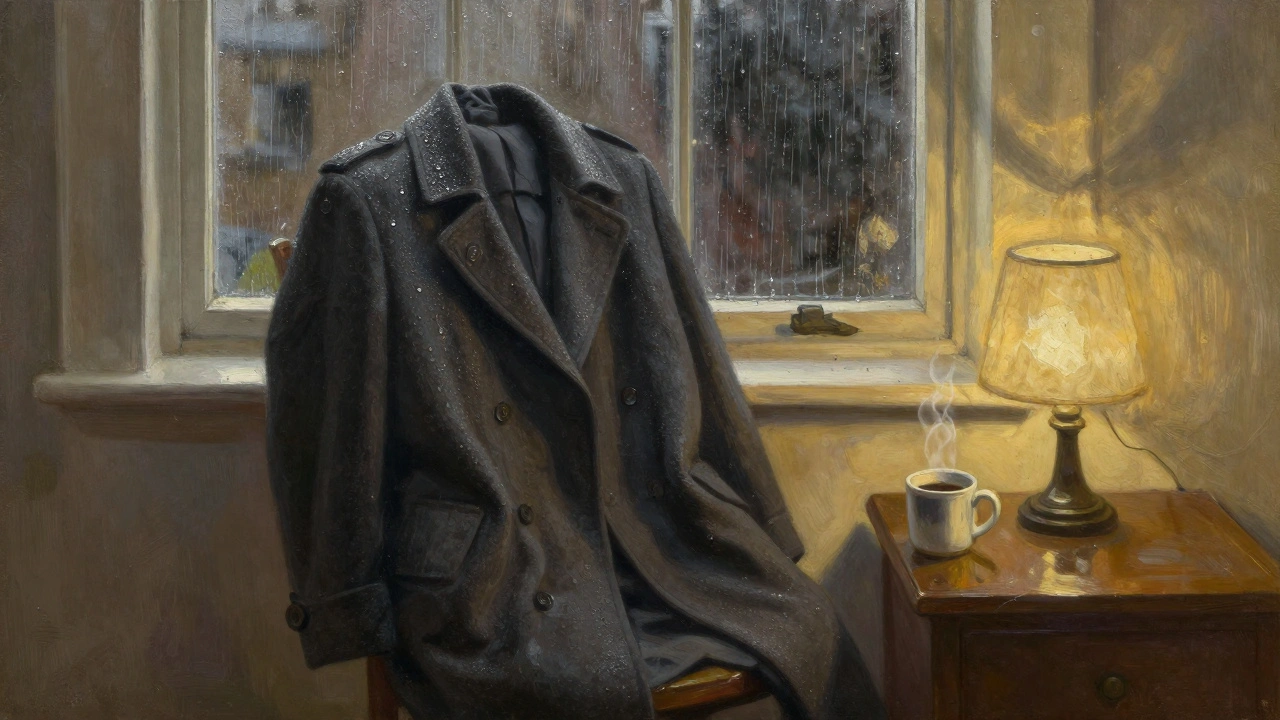 A damp wool coat hanging over a chair in a London flat, rain streaking the window, steam rising from a nearby mug.