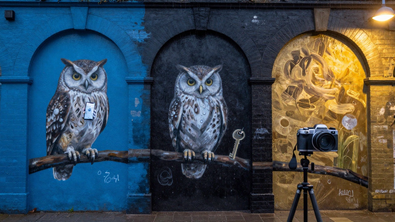 A growing owl mural on a railway wall, holding a camera, with fading layers of past artwork visible.