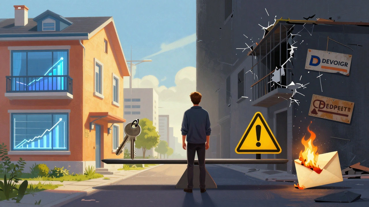 A symbolic split scene showing a bright modern flat on one side and a collapsing development on the other, representing off-plan risks and rewards.