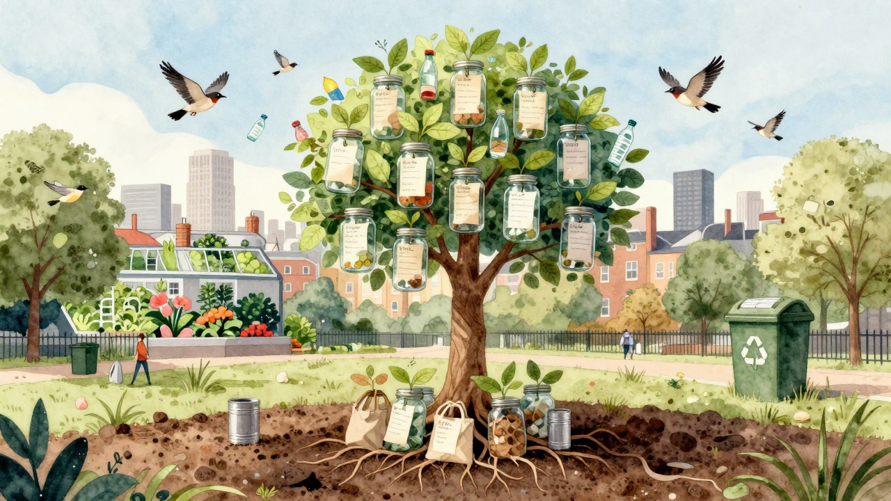 A tree growing from reusable containers, symbolizing zero-waste growth in a London park.