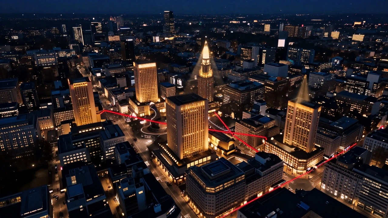 Aerial night view of West End hotels and theatres connected by glowing walk paths, warm lights against dark city.