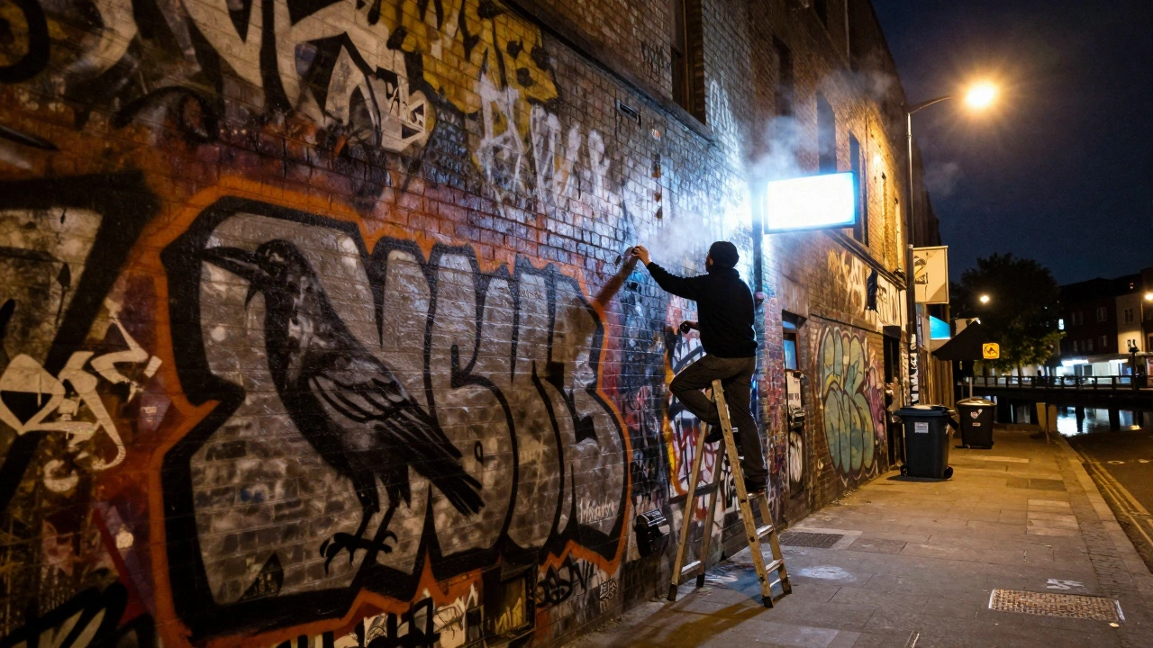 Artist painting a crow stencil on a graffiti-covered alley wall under flickering neon signs.