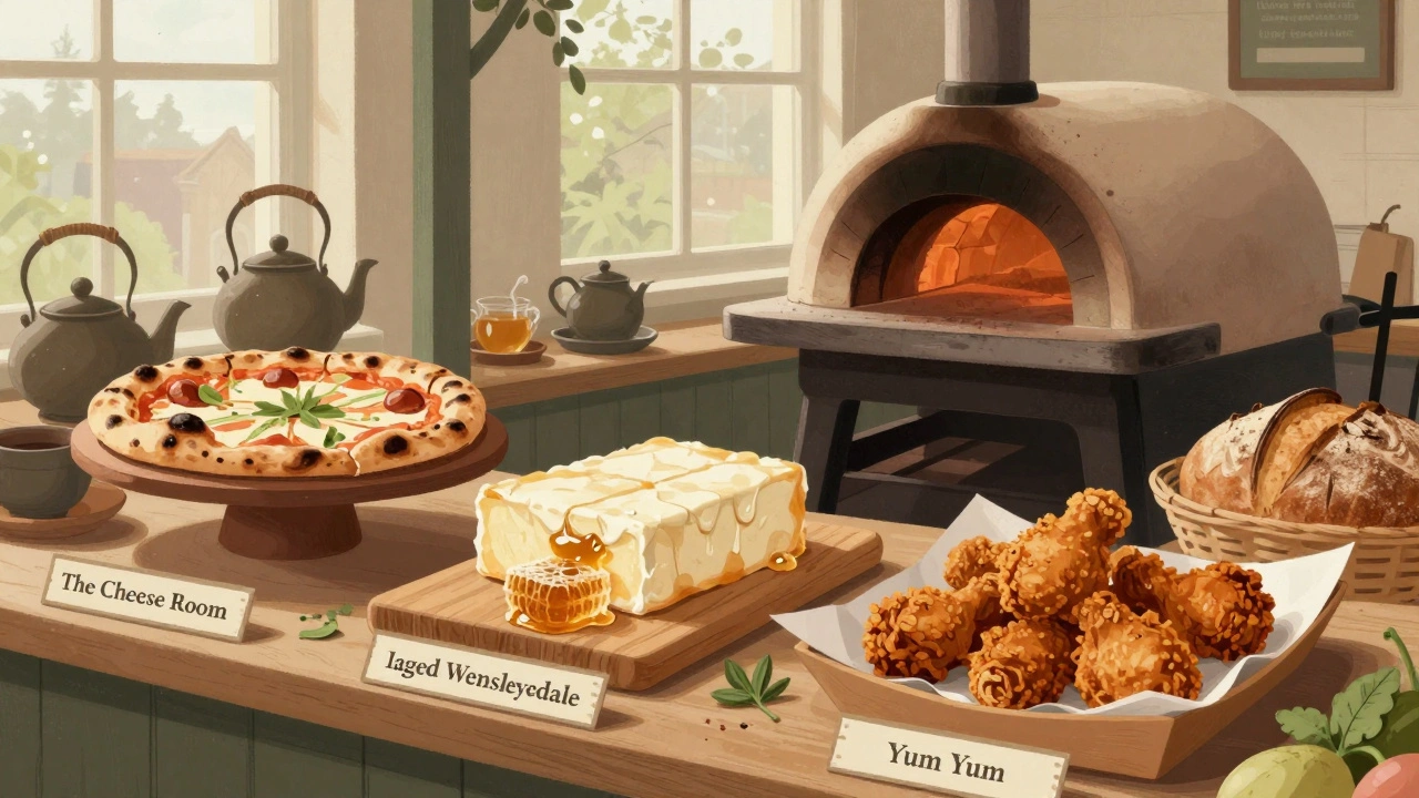 Artistic view of artisanal food stalls with pizza, cheese, and fried chicken, natural light, no people.