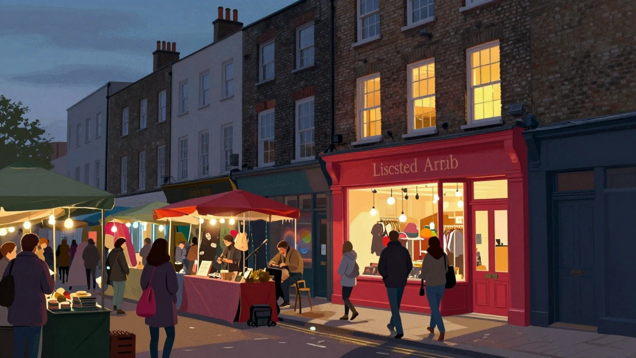 Camden market street at dusk with tourists and a licensed Airbnb apartment glowing above a boutique shop.