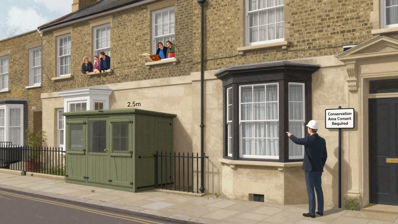 Conservation area home in Hampstead with planning officer reviewing window replacement, neighbors observing.