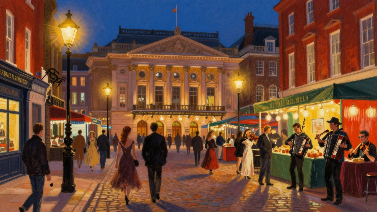 Covent Garden square at twilight, with theatre-goers, street performers, and glowing lanterns under the night sky.
