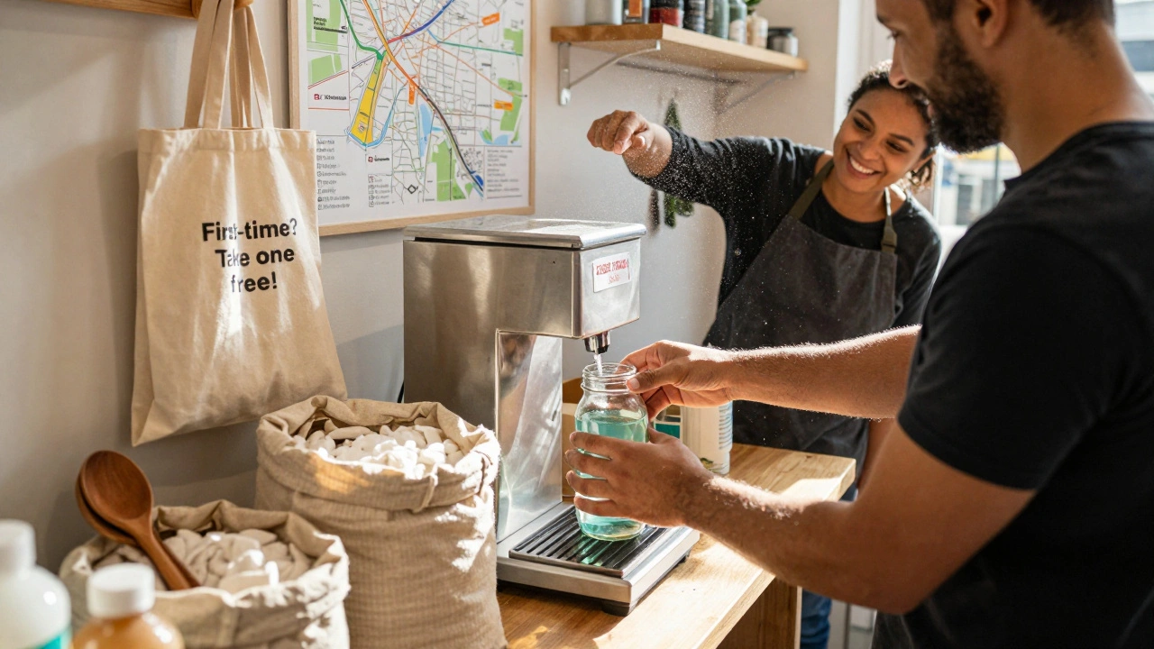 Customer filling a glass jar with detergent at a refill shop, with scales and reusable containers visible.