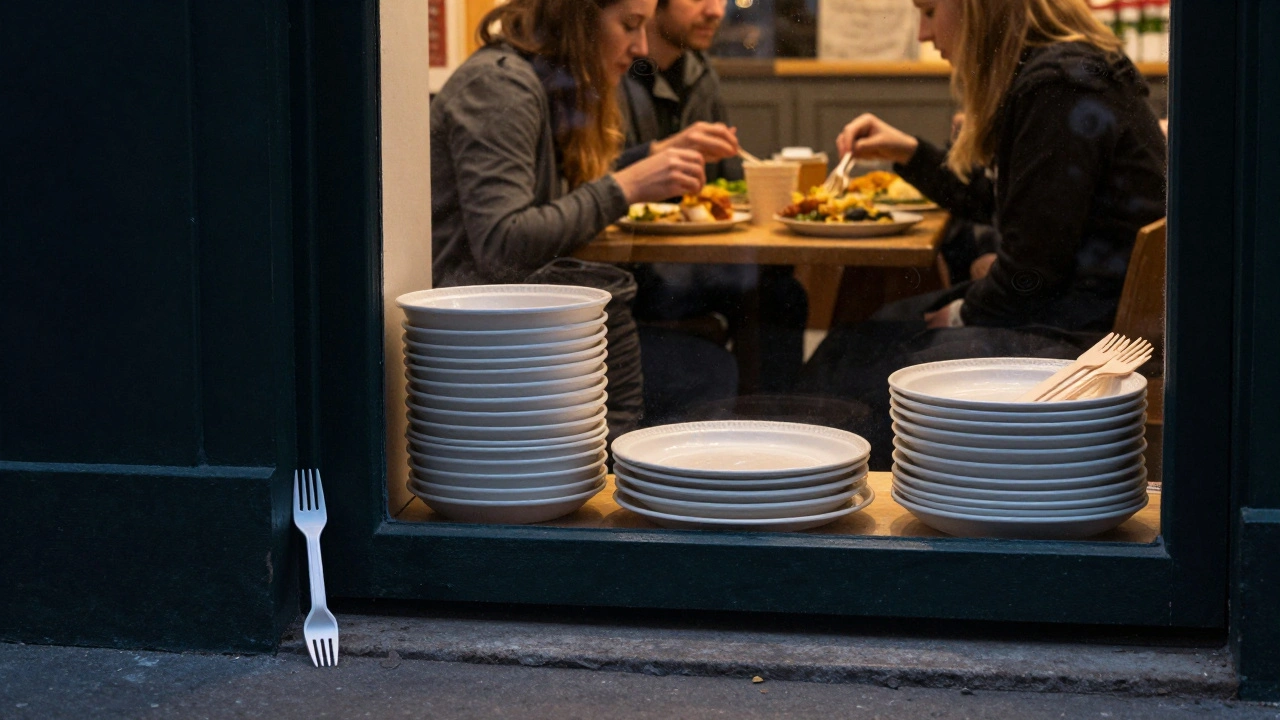 Discarded plastic fork outside market, inside ceramic plates and wood utensils used, contrast of sustainability.