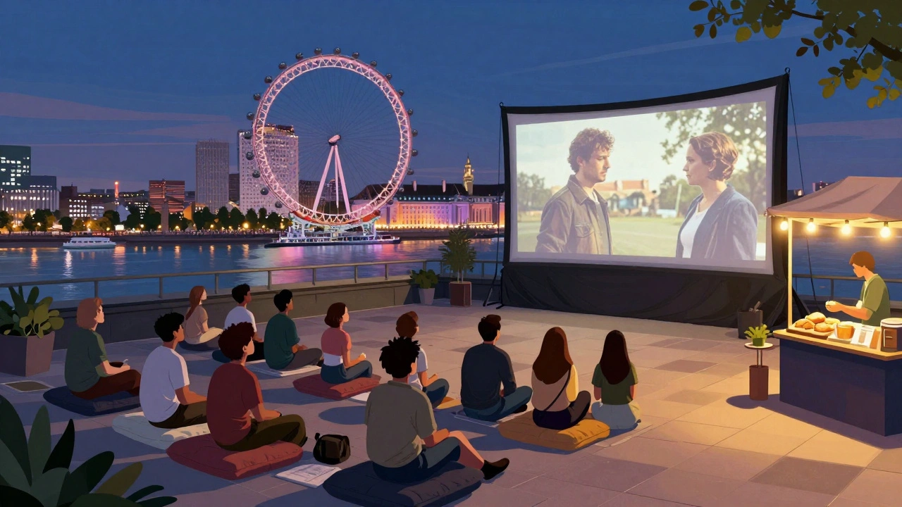 Diverse audience enjoying a foreign film on a rooftop screen with London’s skyline and the Thames in the background.
