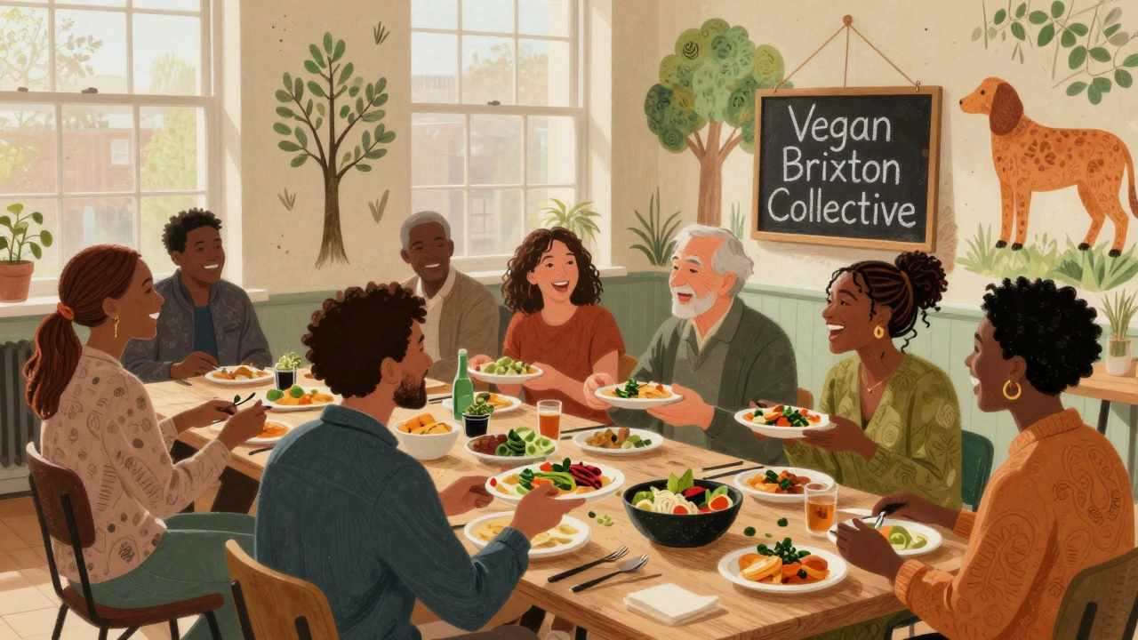 Diverse group sharing a vegan potluck in Brixton community center, surrounded by homemade plant-based dishes.