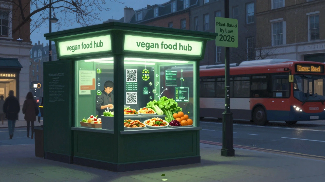 Futuristic vegan food hub kiosk in London at dusk with QR codes showing carbon savings and plant-based signage.