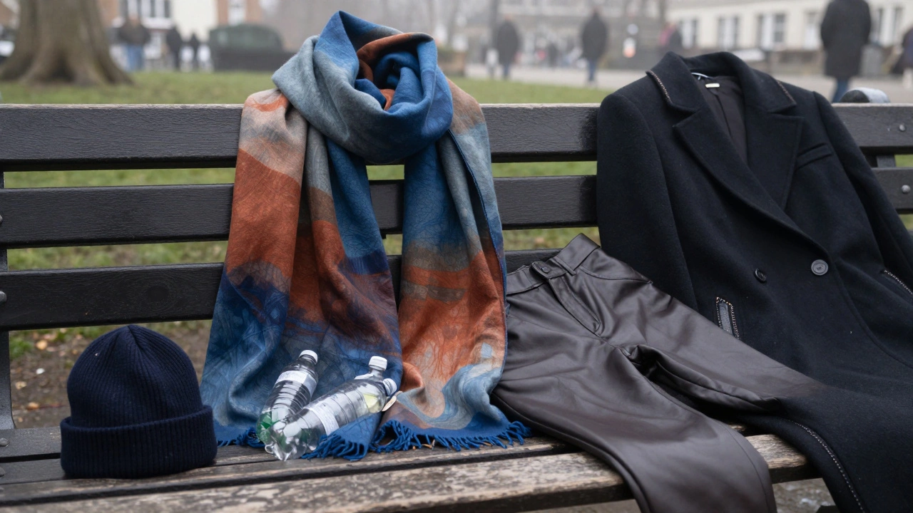 Hand-dyed recycled scarf on a bench with soft leather pants and a plain wool beanie nearby.