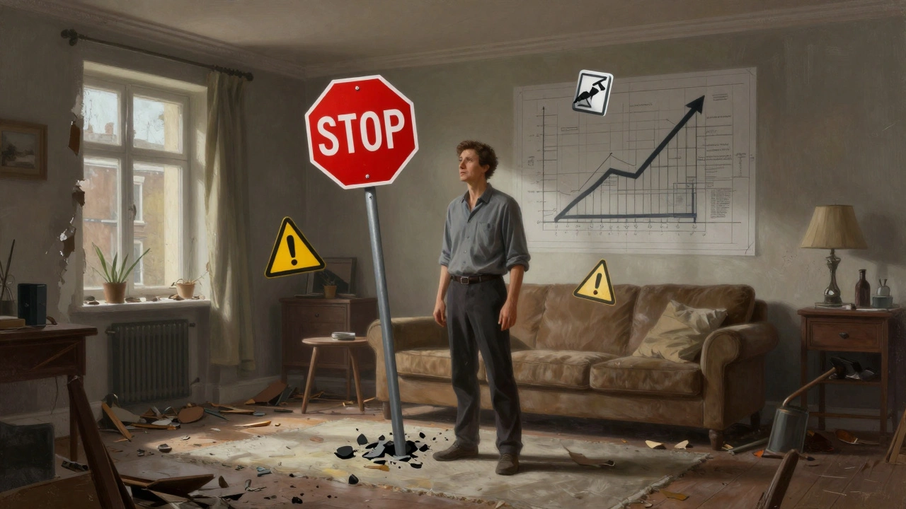 Homeowner surrounded by hidden renovation risks like asbestos, structural damage, and regulatory warnings.
